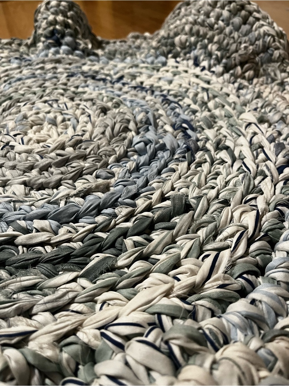 Handwoven Round Braided Rug in Blue, Gray, and Cream